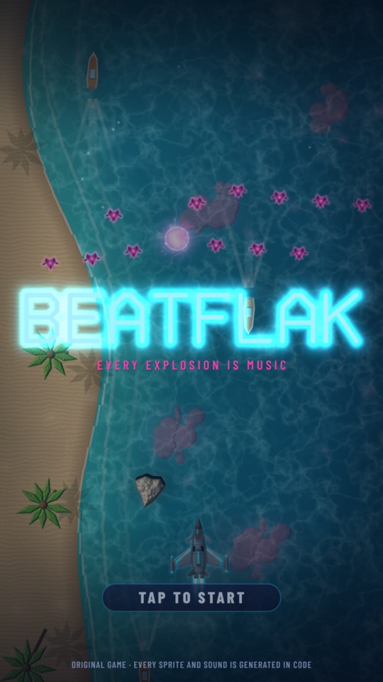 BeatFlak title screen over a neon coastline
