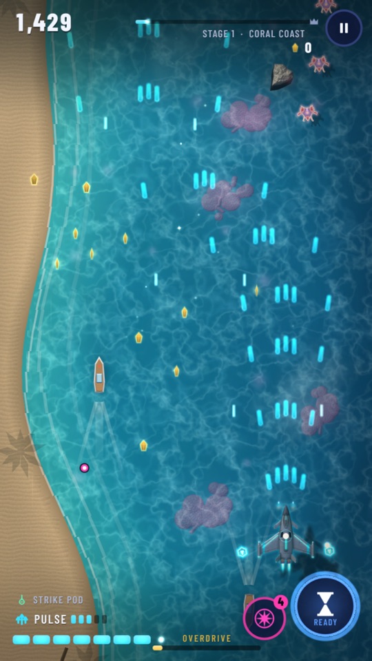 Stage 1, Coral Coast: a fighter firing over the sea