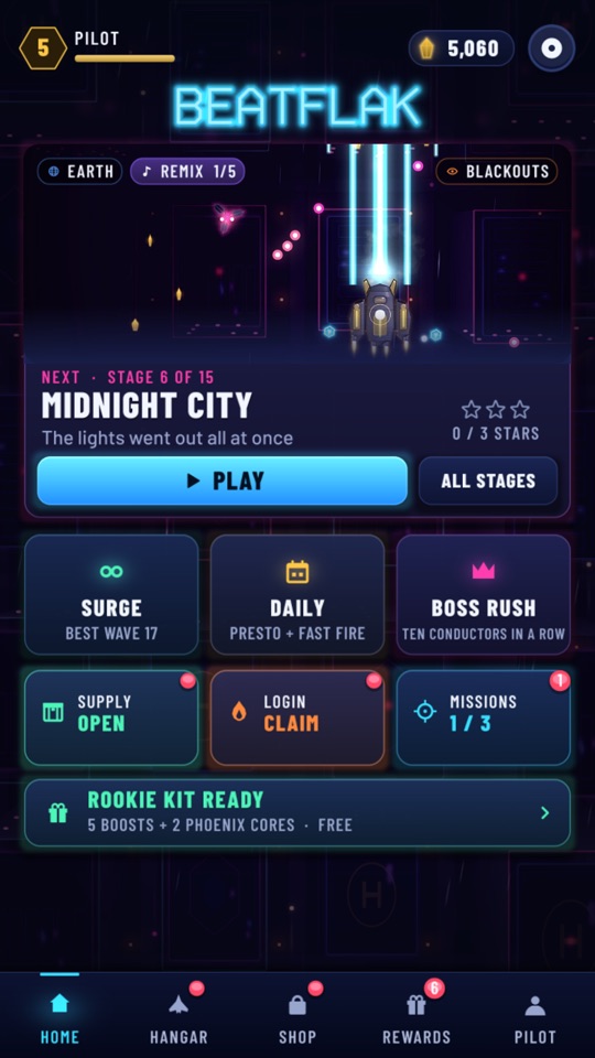 Home screen with the next stage, game modes and missions