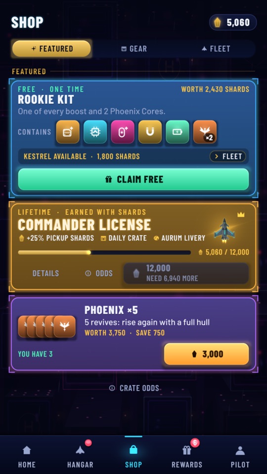 In-game shop where items cost shards earned by playing