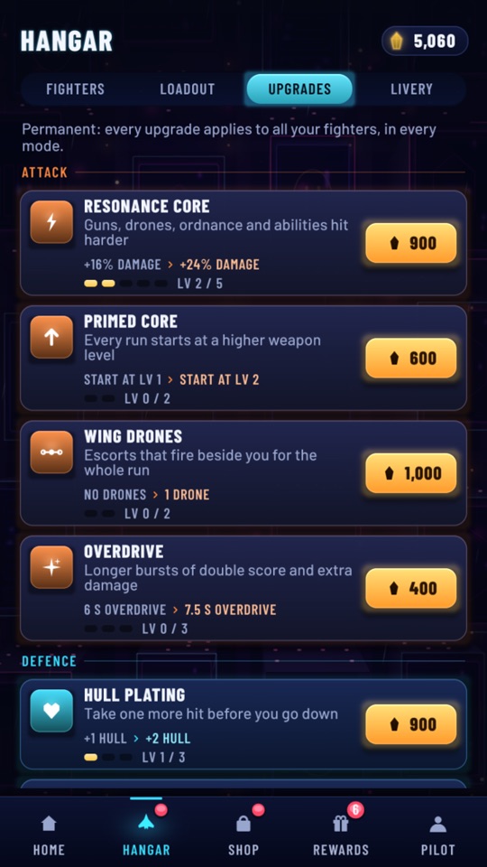 Hangar upgrades bought with shards